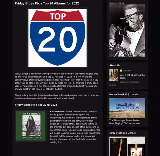 Friday Blues Fix Top 20 albums chart featuring Rick Berthod