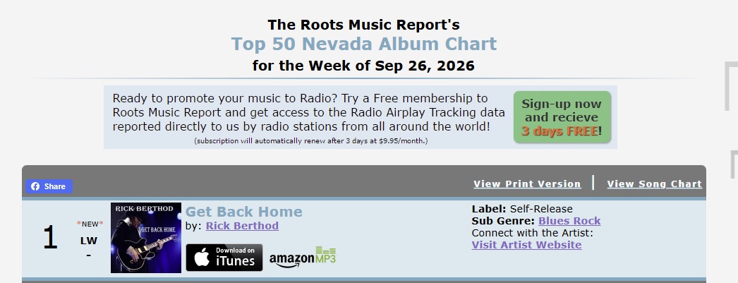 Roots Music Report Top 50 Nevada Album Chart, week of Sep 26 2026, with Get Back Home at number one